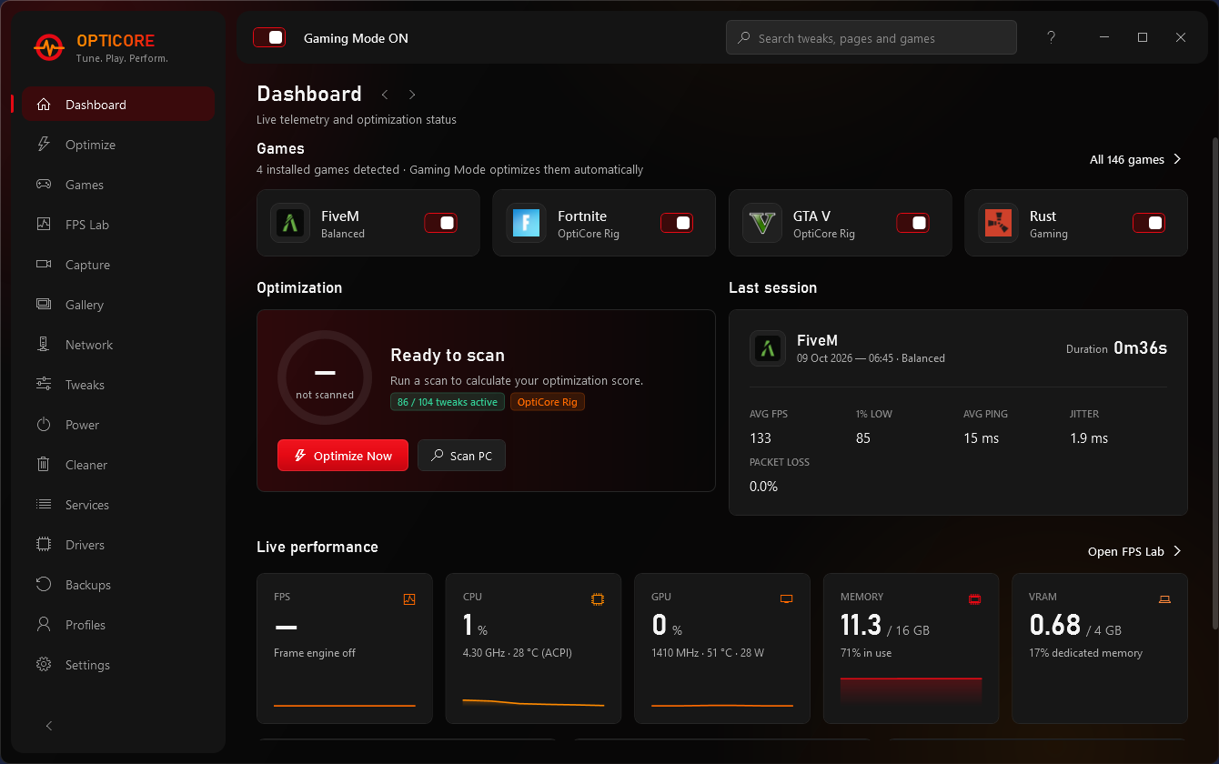 OptiCore dashboard showing detected games, optimization score and live CPU, GPU and memory stats